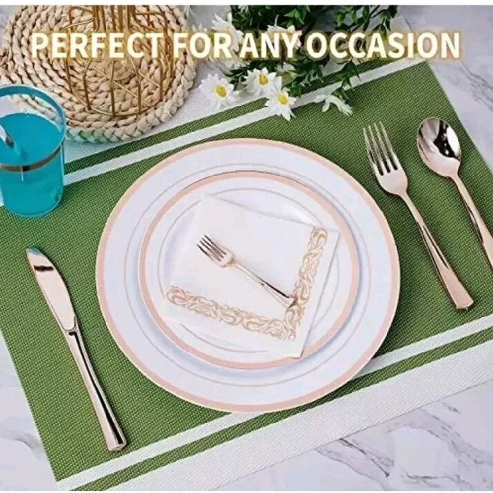 250 Count Rose Gold Disposable Plastic Dinnerware Set, Plates, Silverware, Cups.